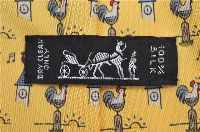 Authentic HERMES Necktie Bird Pattern Silk Yellow Box J2979