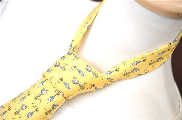 Authentic HERMES Necktie Bird Pattern Silk Yellow Box J2979