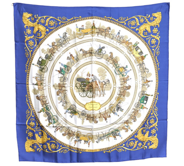 Authentic HERMES Carre 90 Scarf "LA PROMENADE DE LONGCHAMPS" Silk Blue J3085