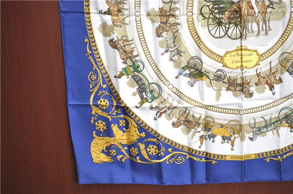 Authentic HERMES Carre 90 Scarf "LA PROMENADE DE LONGCHAMPS" Silk Blue J3085