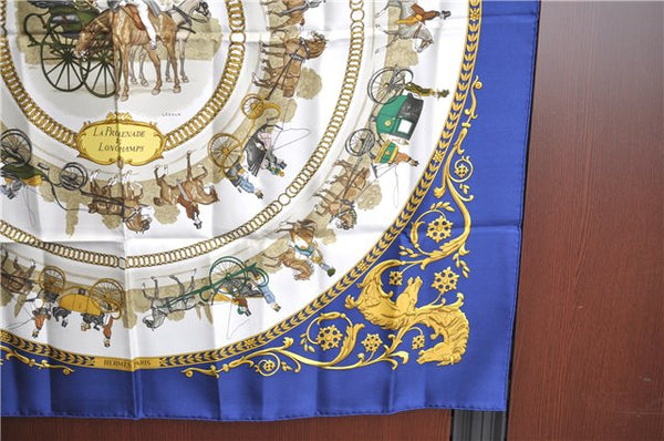 Authentic HERMES Carre 90 Scarf "LA PROMENADE DE LONGCHAMPS" Silk Blue J3085