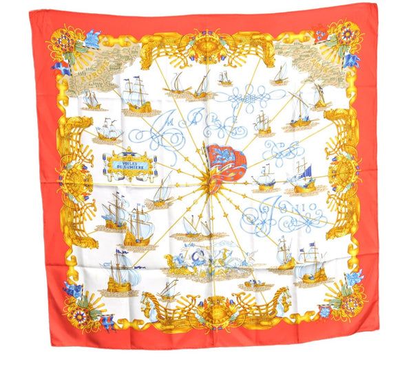 Authentic HERMES Carre 90 Scarf "VOILES DE LUMIERE" Silk Red Gold J3139