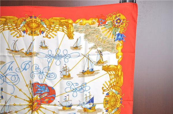 Authentic HERMES Carre 90 Scarf "VOILES DE LUMIERE" Silk Red Gold J3139