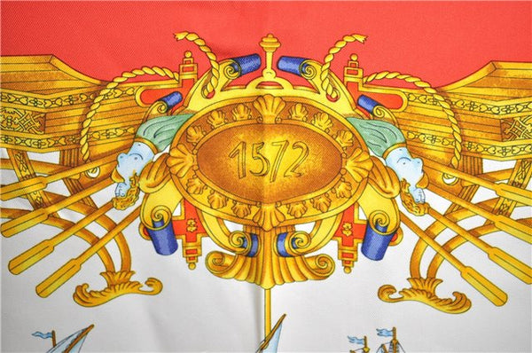 Authentic HERMES Carre 90 Scarf "VOILES DE LUMIERE" Silk Red Gold J3139