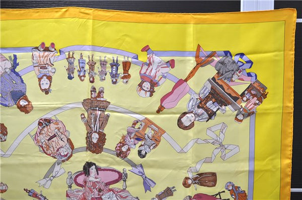 Authentic HERMES Carre 90 Scarf "HELLO DOLLY" Silk Orange Yellow J3253