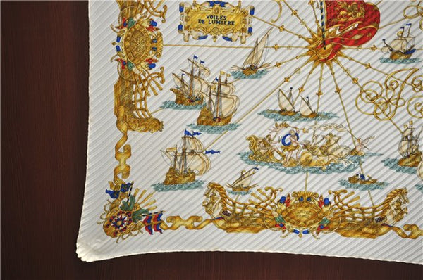 Authentic HERMES Pleats Scarf "VOILES DE LUMIERE" Silk White Box J3276