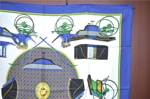 Authentic HERMES Carre 90 Scarf "LES VOITURES A TRAMSFORMATION" Silk Blue J3323