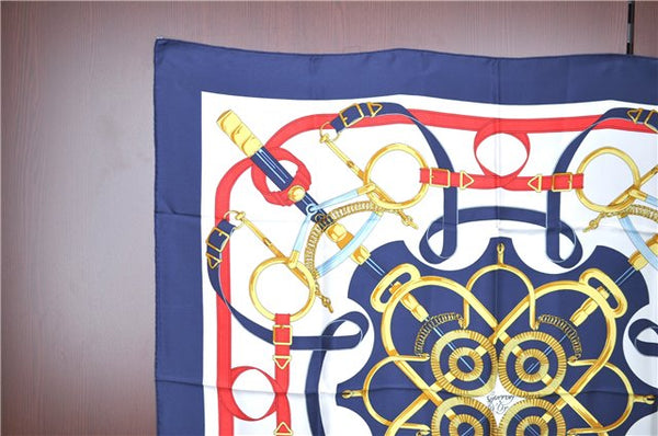 Authentic HERMES Carre 90 Scarf "Eperon d'or" Silk Navy Blue J3324