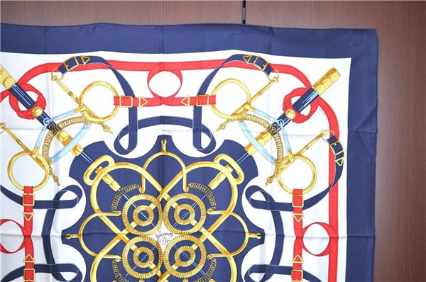 Authentic HERMES Carre 90 Scarf "Eperon d'or" Silk Navy Blue J3324