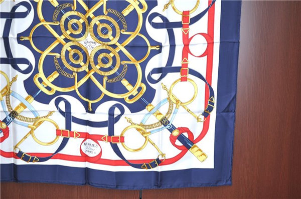 Authentic HERMES Carre 90 Scarf "Eperon d'or" Silk Navy Blue J3324