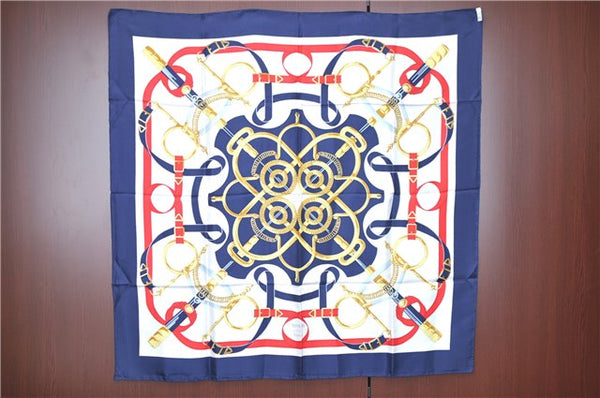 Authentic HERMES Carre 90 Scarf "Eperon d'or" Silk Navy Blue J3324