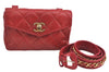 Authentic CHANEL Lamb Skin Matelasse CC Logo Chain Waist Body Bag Red J3390