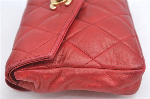 Authentic CHANEL Lamb Skin Matelasse CC Logo Chain Waist Body Bag Red J3390