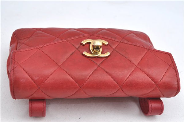 Authentic CHANEL Lamb Skin Matelasse CC Logo Chain Waist Body Bag Red J3390