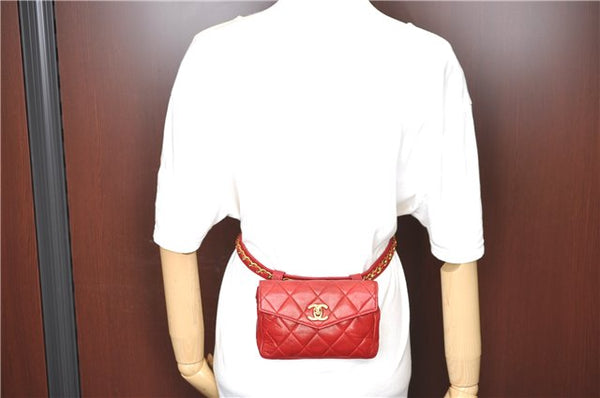 Authentic CHANEL Lamb Skin Matelasse CC Logo Chain Waist Body Bag Red J3390