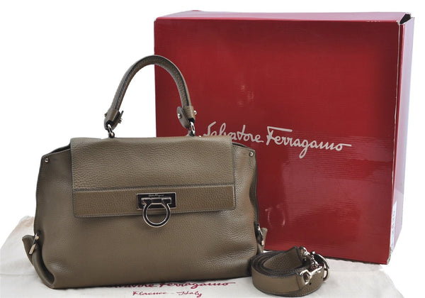 Authentic Salvatore Ferragamo Gancini Leather 2Way Hand Bag Beige Box SF J3394