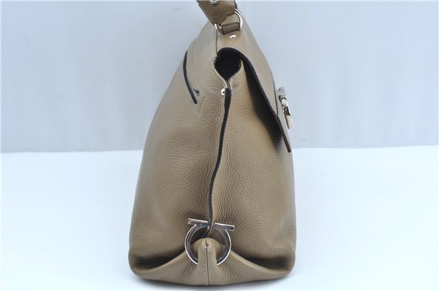 Authentic Salvatore Ferragamo Gancini Leather 2Way Hand Bag Beige Box SF J3394