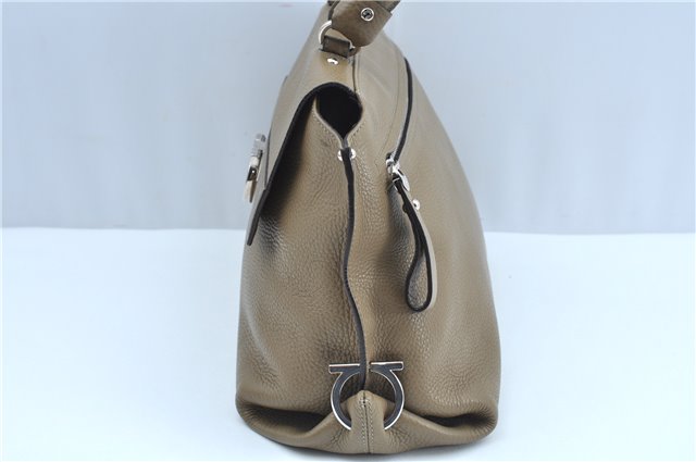 Authentic Salvatore Ferragamo Gancini Leather 2Way Hand Bag Beige Box SF J3394