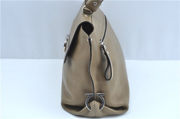 Authentic Salvatore Ferragamo Gancini Leather 2Way Hand Bag Beige Box SF J3394