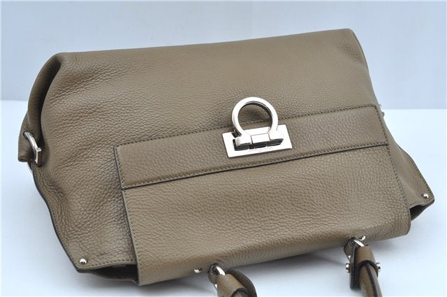 Authentic Salvatore Ferragamo Gancini Leather 2Way Hand Bag Beige Box SF J3394