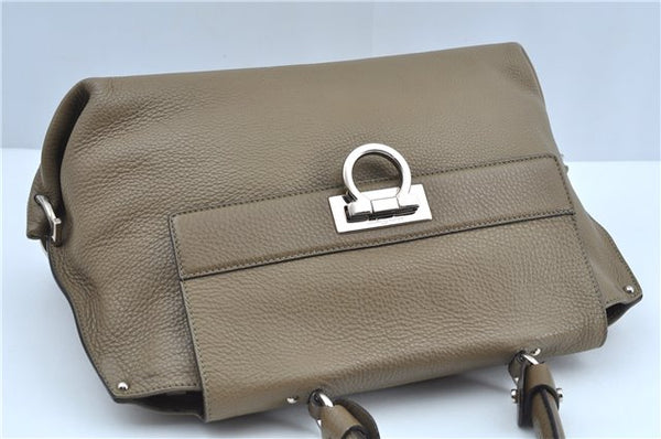 Authentic Salvatore Ferragamo Gancini Leather 2Way Hand Bag Beige Box SF J3394