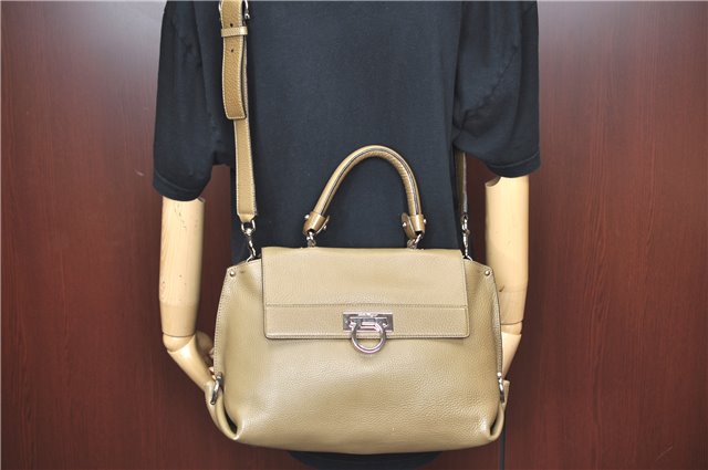 Authentic Salvatore Ferragamo Gancini Leather 2Way Hand Bag Beige Box SF J3394