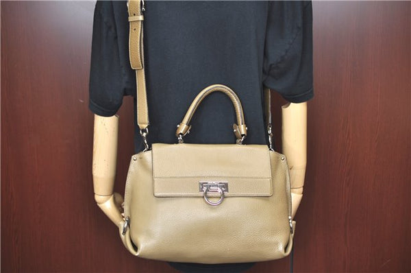 Authentic Salvatore Ferragamo Gancini Leather 2Way Hand Bag Beige Box SF J3394