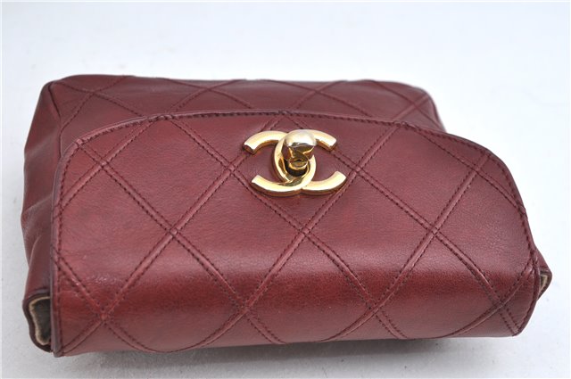 Authentic CHANEL Lamb Skin Bicolore Matelasse CC Logo Waist Body Bag Red J3396