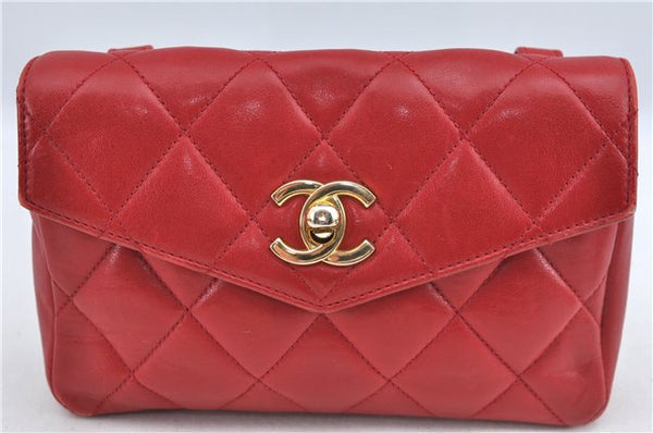 Authentic CHANEL Lamb Skin Matelasse CC Logo Chain Waist Body Bag Red J3397