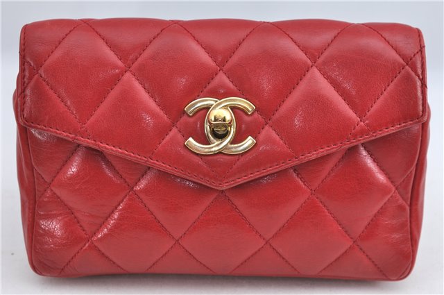 Authentic CHANEL Lamb Skin Matelasse CC Logo Chain Waist Body Bag Red J3400