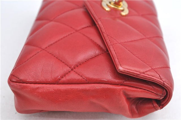 Authentic CHANEL Lamb Skin Matelasse CC Logo Chain Waist Body Bag Red J3400