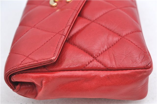 Authentic CHANEL Lamb Skin Matelasse CC Logo Chain Waist Body Bag Red J3400