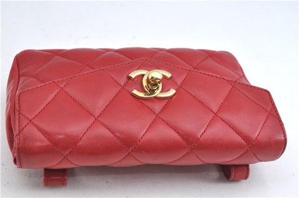 Authentic CHANEL Lamb Skin Matelasse CC Logo Chain Waist Body Bag Red J3400