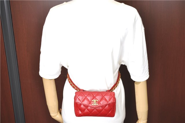 Authentic CHANEL Lamb Skin Matelasse CC Logo Chain Waist Body Bag Red J3400