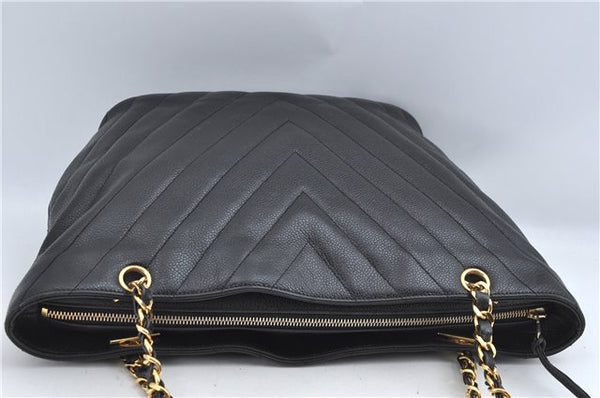 Authentic CHANEL Caviar Skin V Stitch Chain Shoulder Tote Bag Black CC J3407