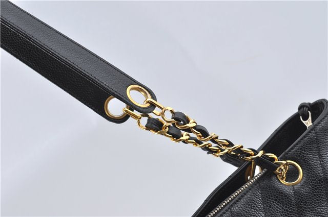 Authentic CHANEL Caviar Skin V Stitch Chain Shoulder Tote Bag Black CC J3407