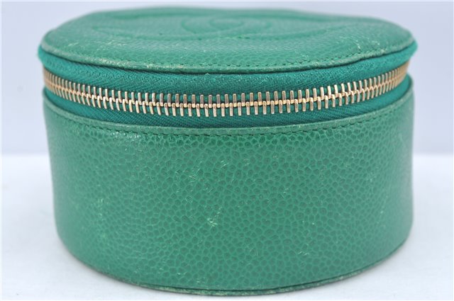 Authentic CHANEL Caviar Skin CC Logo Jewelry Case Purse Green J3445