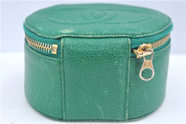 Authentic CHANEL Caviar Skin CC Logo Jewelry Case Purse Green J3445