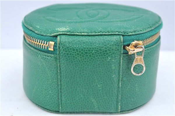 Authentic CHANEL Caviar Skin CC Logo Jewelry Case Purse Green J3445