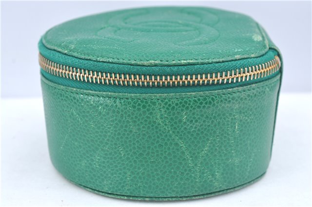 Authentic CHANEL Caviar Skin CC Logo Jewelry Case Purse Green J3445