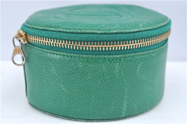 Authentic CHANEL Caviar Skin CC Logo Jewelry Case Purse Green J3445