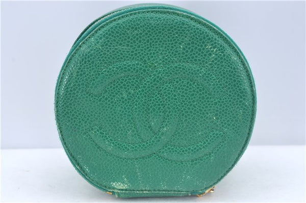 Authentic CHANEL Caviar Skin CC Logo Jewelry Case Purse Green J3445