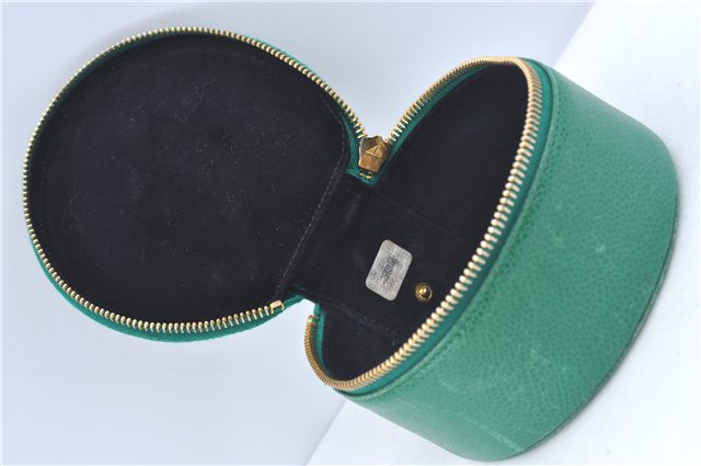 Authentic CHANEL Caviar Skin CC Logo Jewelry Case Purse Green J3445