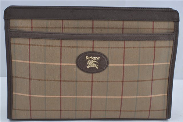Authentic Burberrys Check Clutch Hand Bag Purse Canvas Leather Khaki Green J3547