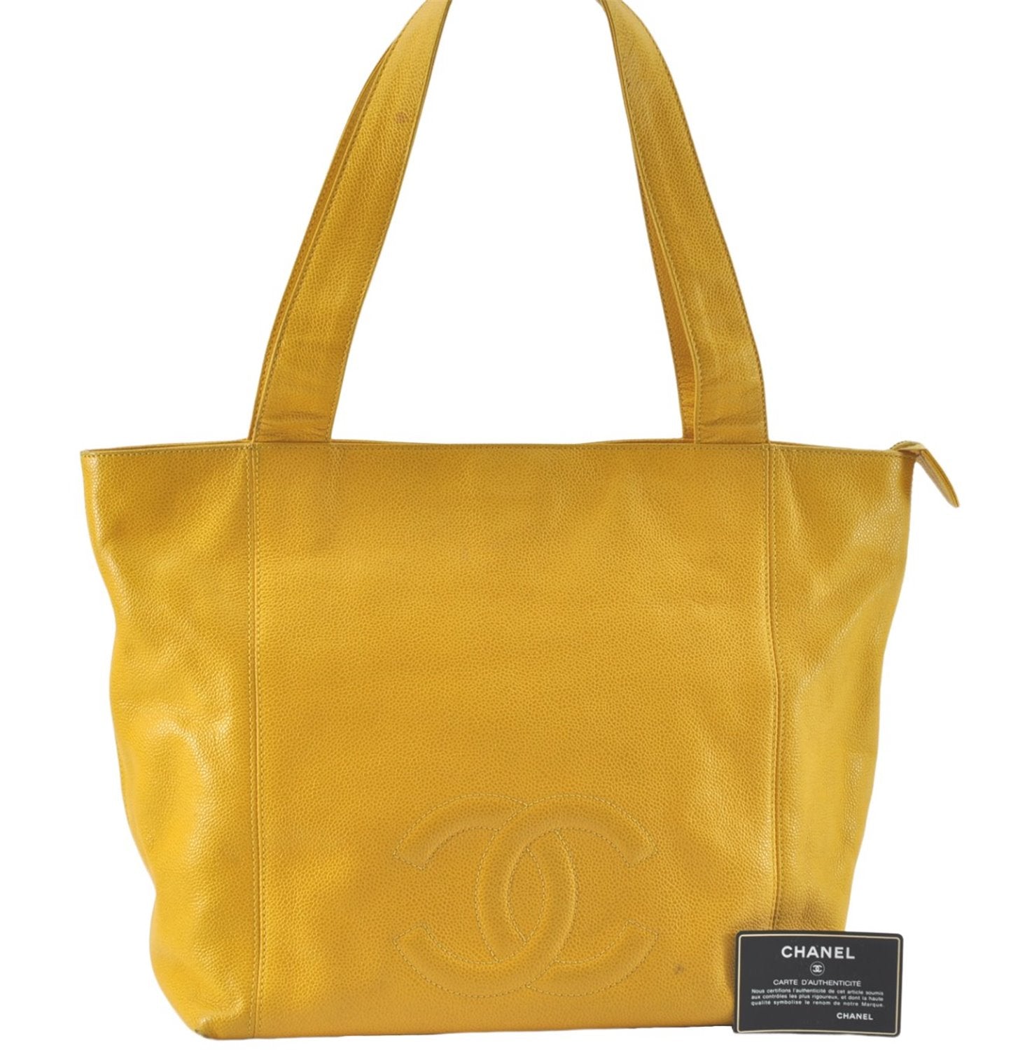 Authentic CHANEL Caviar Skin CC Logo Shoulder Tote Bag Yellow J3554