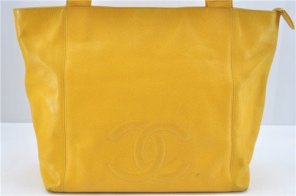 Authentic CHANEL Caviar Skin CC Logo Shoulder Tote Bag Yellow J3554