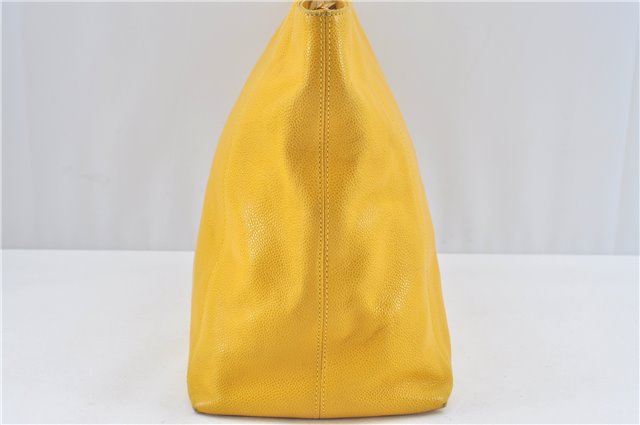 Authentic CHANEL Caviar Skin CC Logo Shoulder Tote Bag Yellow J3554
