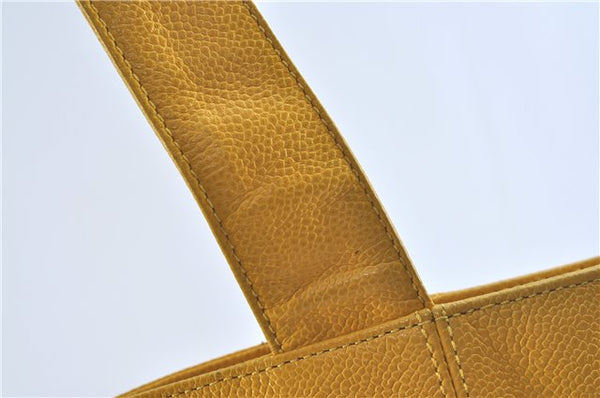 Authentic CHANEL Caviar Skin CC Logo Shoulder Tote Bag Yellow J3554