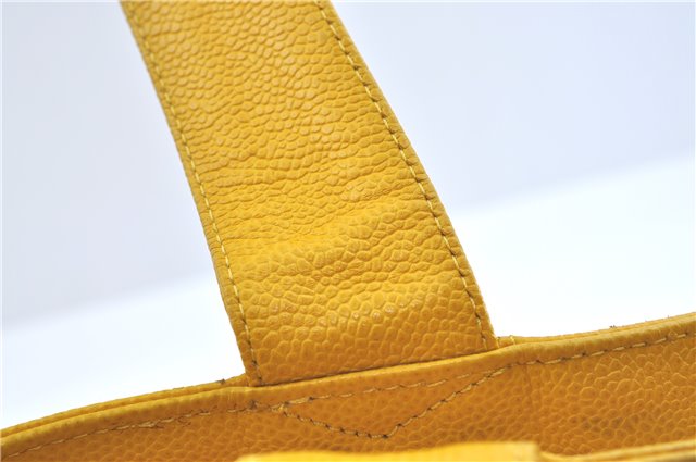 Authentic CHANEL Caviar Skin CC Logo Shoulder Tote Bag Yellow J3554