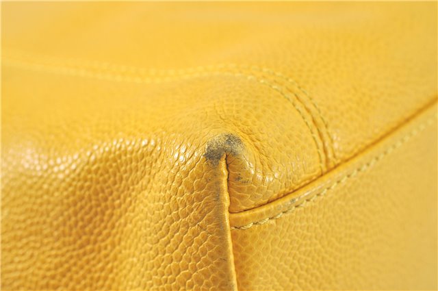 Authentic CHANEL Caviar Skin CC Logo Shoulder Tote Bag Yellow J3554